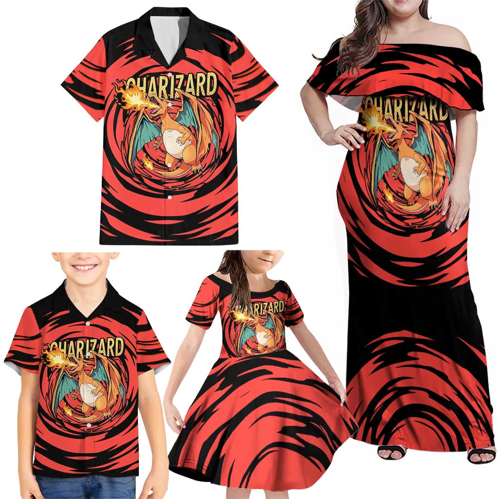 Charizard Pokémon Red and Black Swirl Design Family Matching Off Shoulder Maxi Dress and Hawaiian Shirt with Flames, Pokéball Accents, and Dynamic Fire-Breathing Pose
