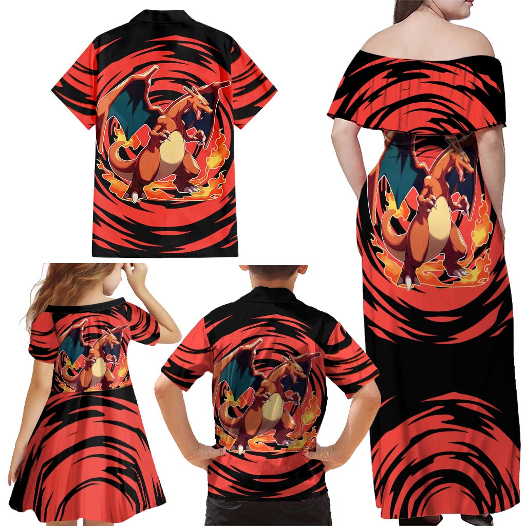 Charizard Pokémon Red and Black Swirl Design Family Matching Off Shoulder Maxi Dress and Hawaiian Shirt with Flames, Pokéball Accents, and Dynamic Fire-Breathing Pose