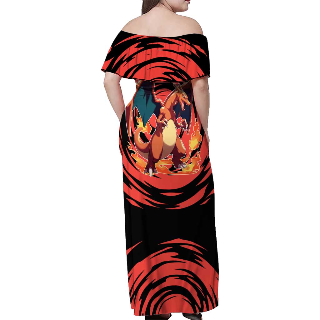Charizard Pokémon Red and Black Swirl Design Family Matching Off Shoulder Maxi Dress and Hawaiian Shirt with Flames, Pokéball Accents, and Dynamic Fire-Breathing Pose