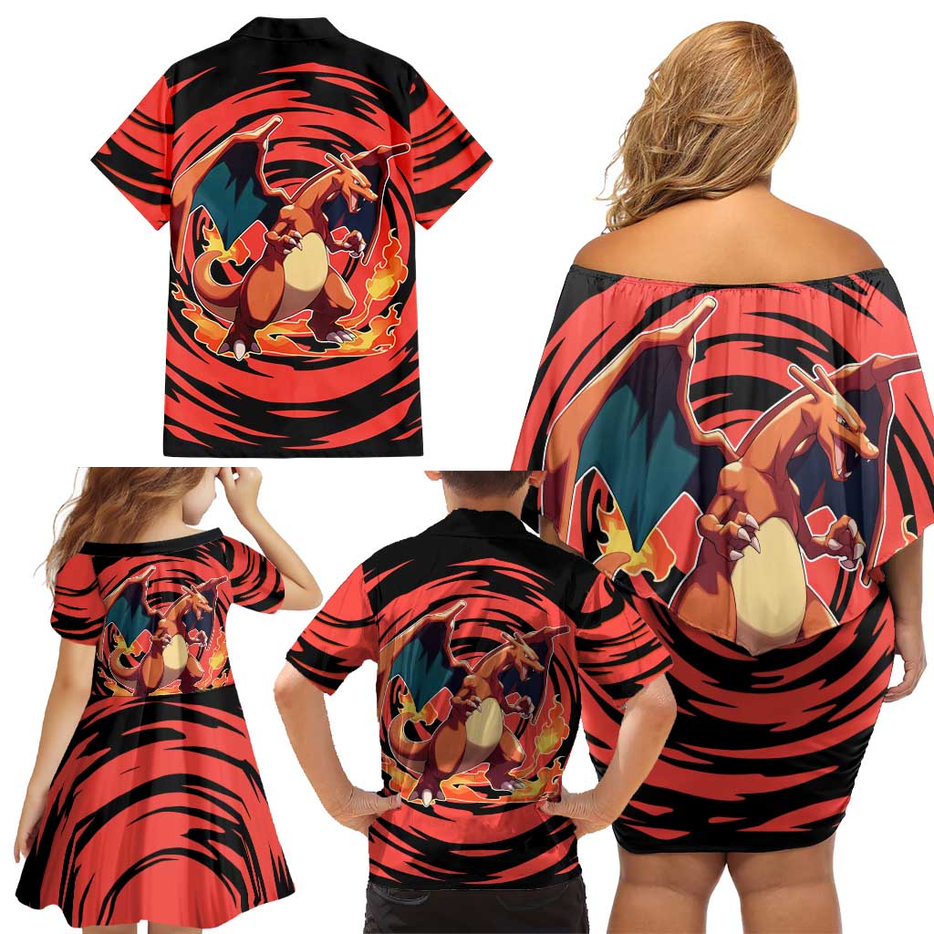 Charizard Pokémon Red and Black Swirl Design Family Matching Off Shoulder Short Dress and Hawaiian Shirt with Flames, Pokéball Accents, and Dynamic Fire-Breathing Pose