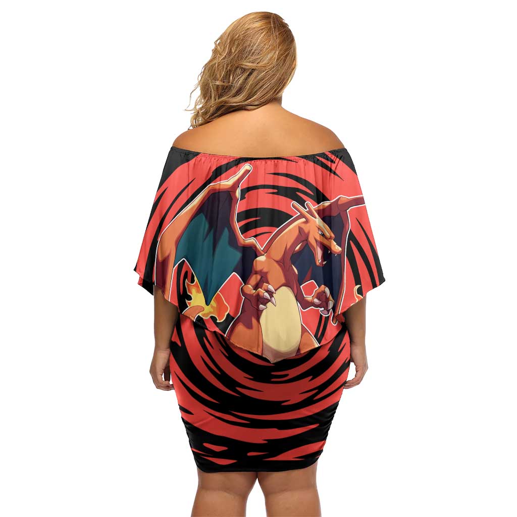 Charizard Pokémon Red and Black Swirl Design Family Matching Off Shoulder Short Dress and Hawaiian Shirt with Flames, Pokéball Accents, and Dynamic Fire-Breathing Pose