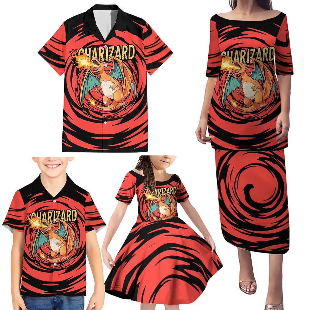 Charizard Pokémon Red and Black Swirl Design Family Matching Puletasi and Hawaiian Shirt with Flames, Pokéball Accents, and Dynamic Fire-Breathing Pose