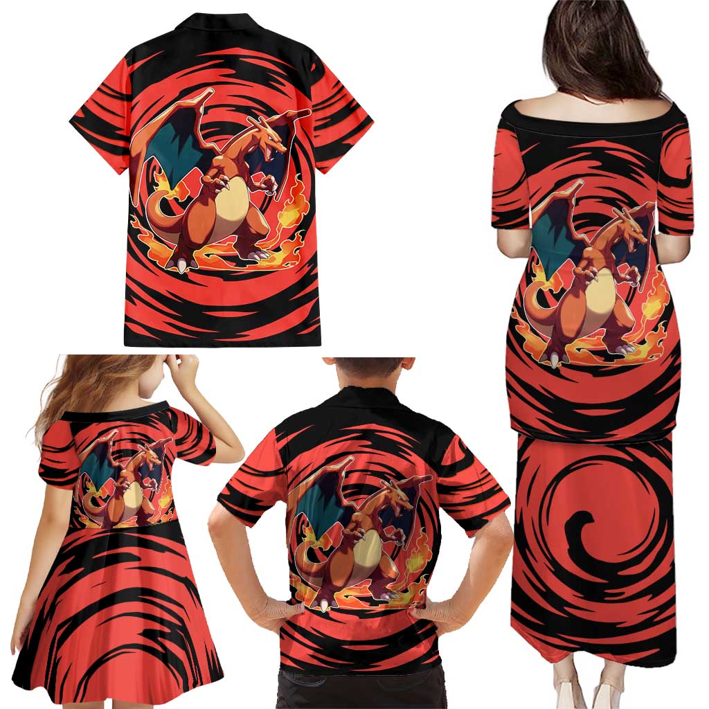 Charizard Pokémon Red and Black Swirl Design Family Matching Puletasi and Hawaiian Shirt with Flames, Pokéball Accents, and Dynamic Fire-Breathing Pose