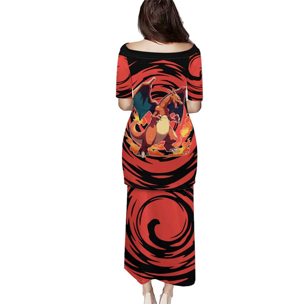 Charizard Pokémon Red and Black Swirl Design Family Matching Puletasi and Hawaiian Shirt with Flames, Pokéball Accents, and Dynamic Fire-Breathing Pose