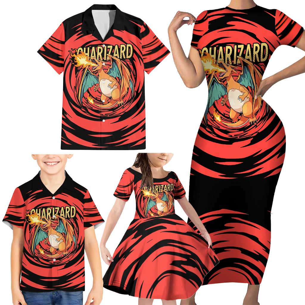 Charizard Pokémon Red and Black Swirl Design Family Matching Short Sleeve Bodycon Dress and Hawaiian Shirt with Flames, Pokéball Accents, and Dynamic Fire-Breathing Pose