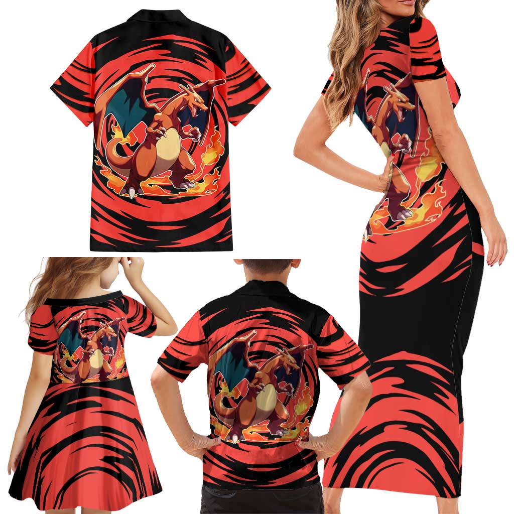Charizard Pokémon Red and Black Swirl Design Family Matching Short Sleeve Bodycon Dress and Hawaiian Shirt with Flames, Pokéball Accents, and Dynamic Fire-Breathing Pose