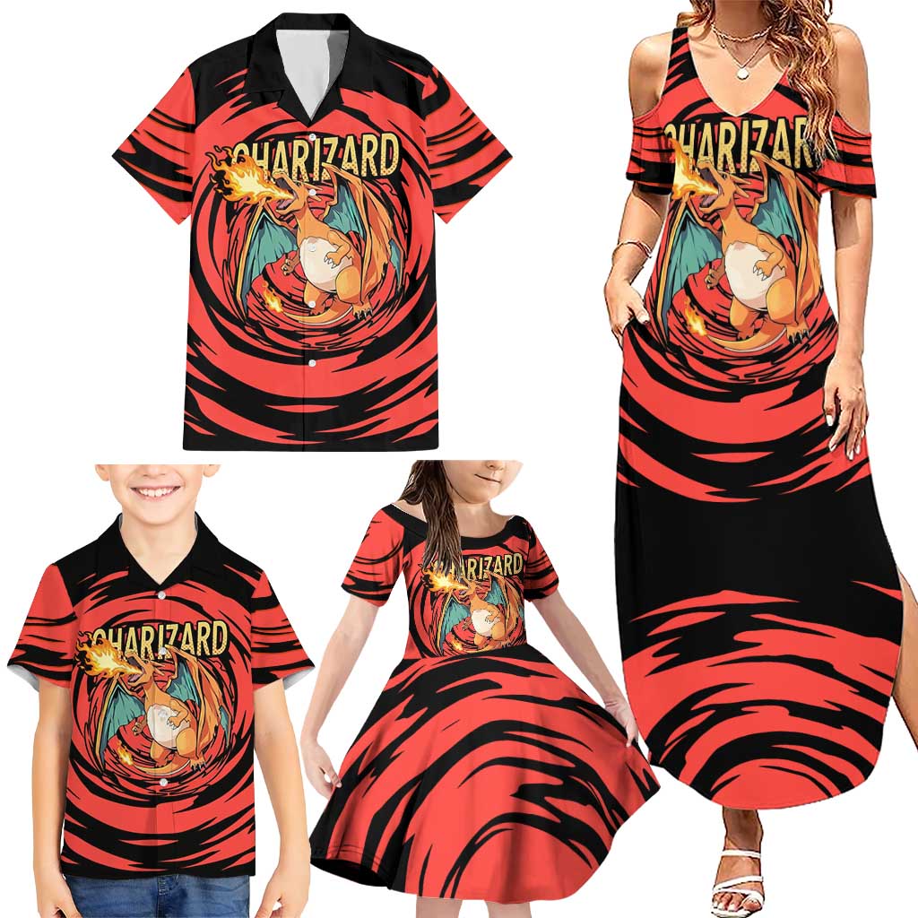 Charizard Pokémon Red and Black Swirl Design Family Matching Summer Maxi Dress and Hawaiian Shirt with Flames, Pokéball Accents, and Dynamic Fire-Breathing Pose