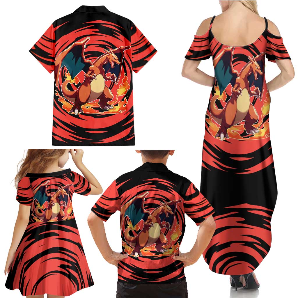 Charizard Pokémon Red and Black Swirl Design Family Matching Summer Maxi Dress and Hawaiian Shirt with Flames, Pokéball Accents, and Dynamic Fire-Breathing Pose