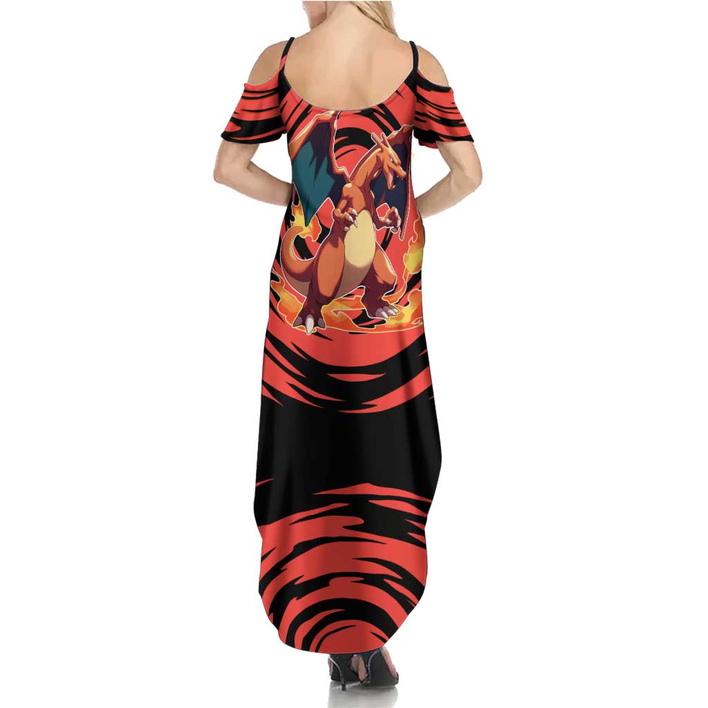 Charizard Pokémon Red and Black Swirl Design Family Matching Summer Maxi Dress and Hawaiian Shirt with Flames, Pokéball Accents, and Dynamic Fire-Breathing Pose