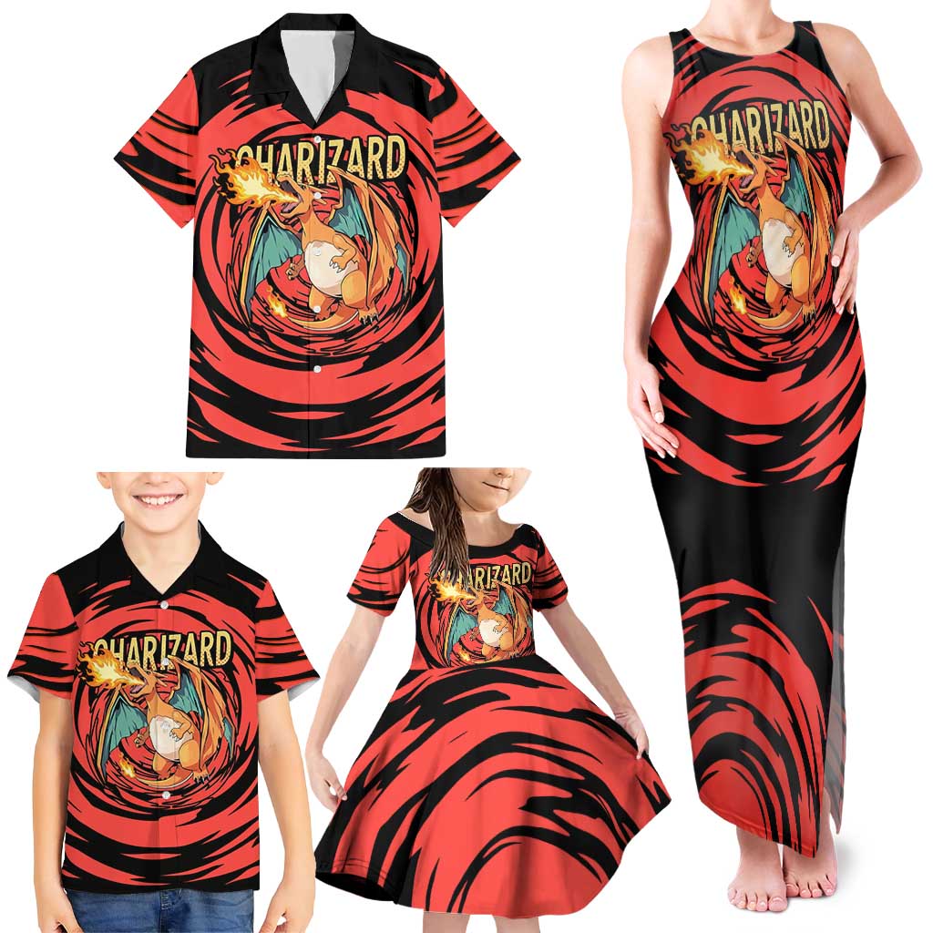 Charizard Pokémon Red and Black Swirl Design Family Matching Tank Maxi Dress and Hawaiian Shirt with Flames, Pokéball Accents, and Dynamic Fire-Breathing Pose