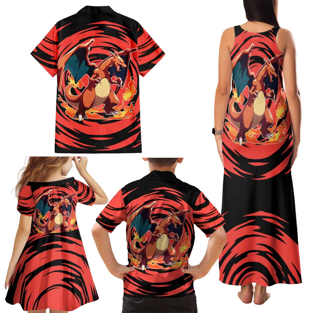 Charizard Pokémon Red and Black Swirl Design Family Matching Tank Maxi Dress and Hawaiian Shirt with Flames, Pokéball Accents, and Dynamic Fire-Breathing Pose