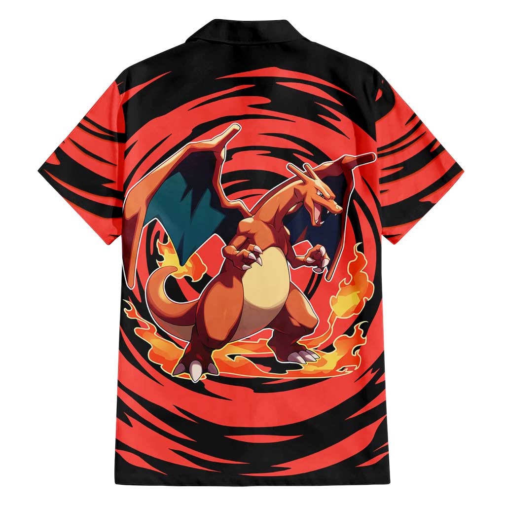 Charizard Pokémon Red and Black Swirl Design Family Matching Tank Maxi Dress and Hawaiian Shirt with Flames, Pokéball Accents, and Dynamic Fire-Breathing Pose