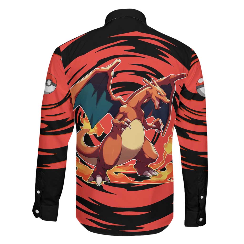 Charizard Pokémon Red and Black Swirl Design Family Matching Tank Maxi Dress and Hawaiian Shirt with Flames, Pokéball Accents, and Dynamic Fire-Breathing Pose