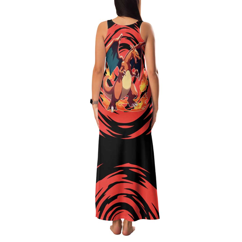 Charizard Pokémon Red and Black Swirl Design Family Matching Tank Maxi Dress and Hawaiian Shirt with Flames, Pokéball Accents, and Dynamic Fire-Breathing Pose