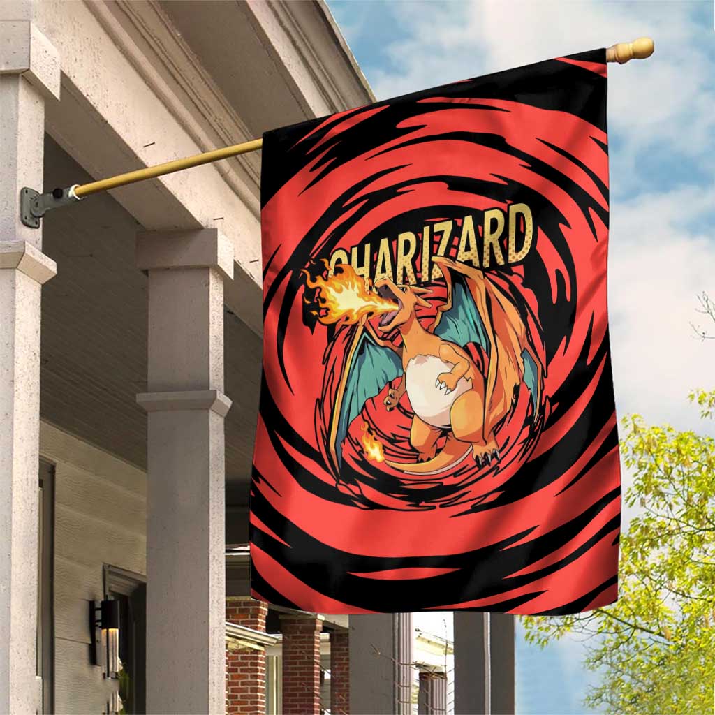 Charizard Pokémon Red and Black Swirl Design Garden Flag with Flames, Pokéball Accents, and Dynamic Fire-Breathing Pose - The Mazicc