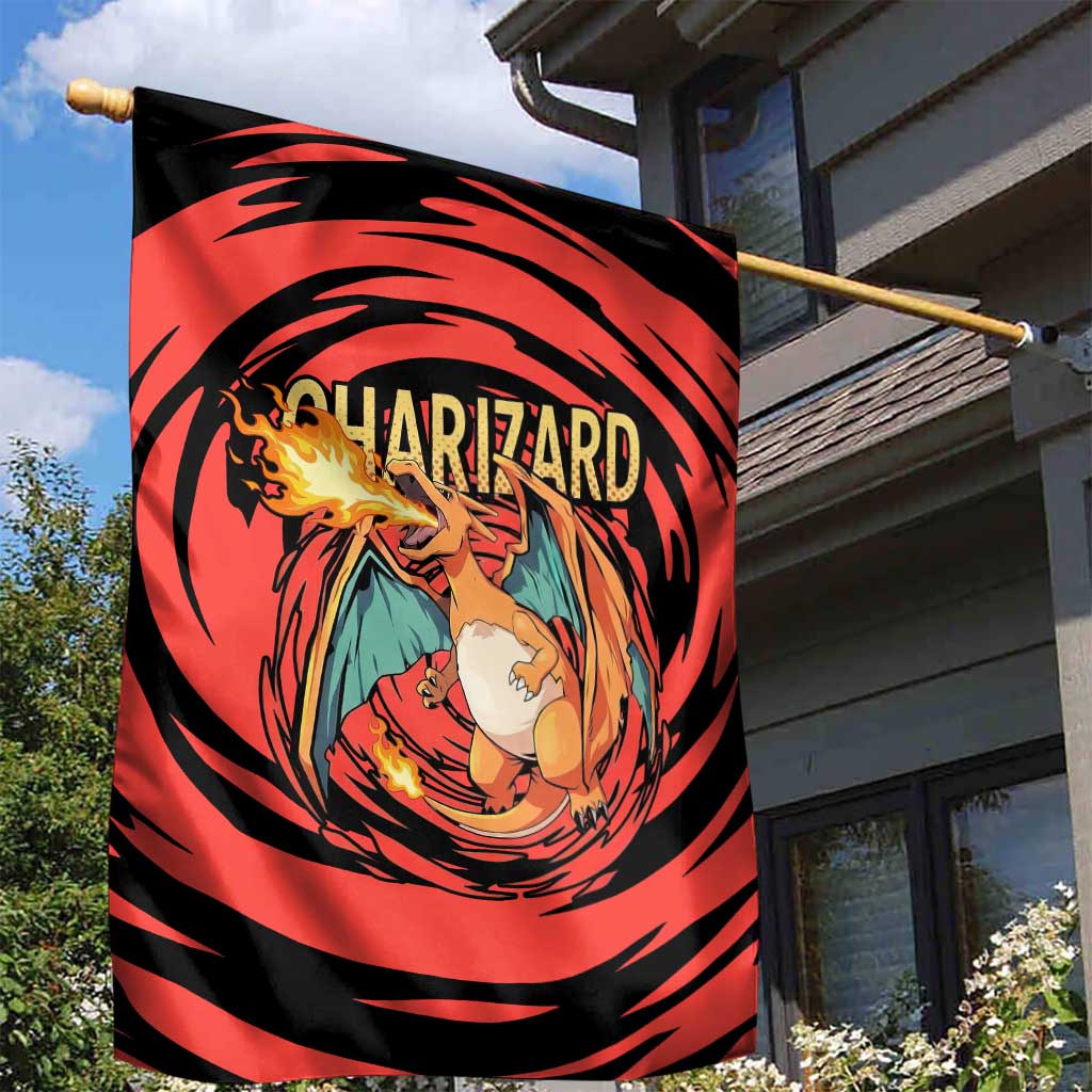 Charizard Pokémon Red and Black Swirl Design Garden Flag with Flames, Pokéball Accents, and Dynamic Fire-Breathing Pose - The Mazicc