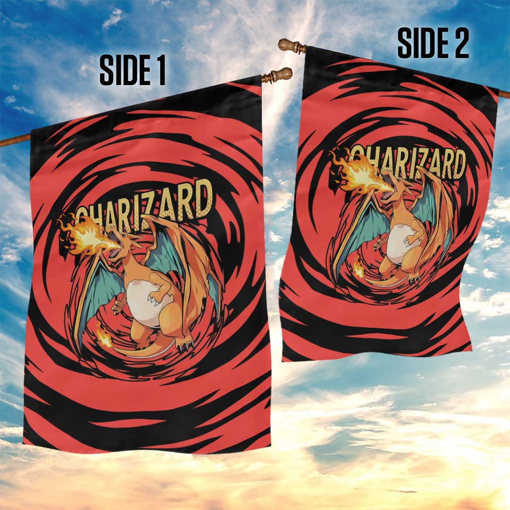 Charizard Pokémon Red and Black Swirl Design Garden Flag with Flames, Pokéball Accents, and Dynamic Fire-Breathing Pose - The Mazicc