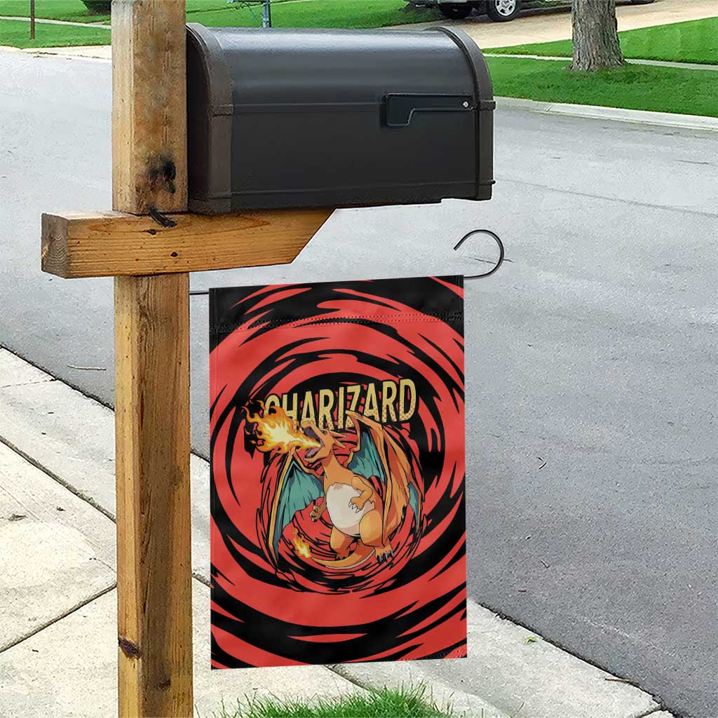 Charizard Pokémon Red and Black Swirl Design Garden Flag with Flames, Pokéball Accents, and Dynamic Fire-Breathing Pose - The Mazicc