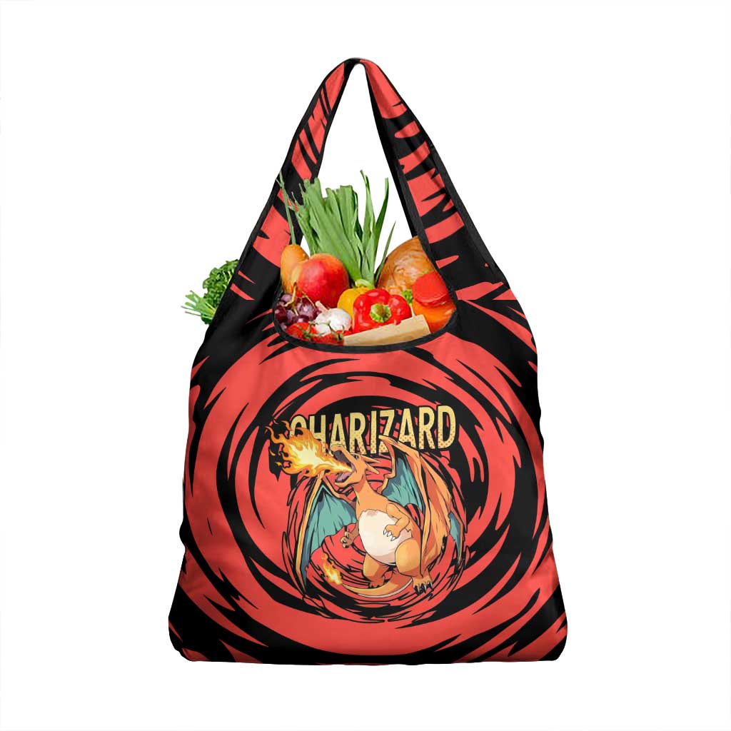 Charizard Pokémon Red and Black Swirl Design Grocery Bag with Flames, Pokéball Accents, and Dynamic Fire-Breathing Pose - The Mazicc
