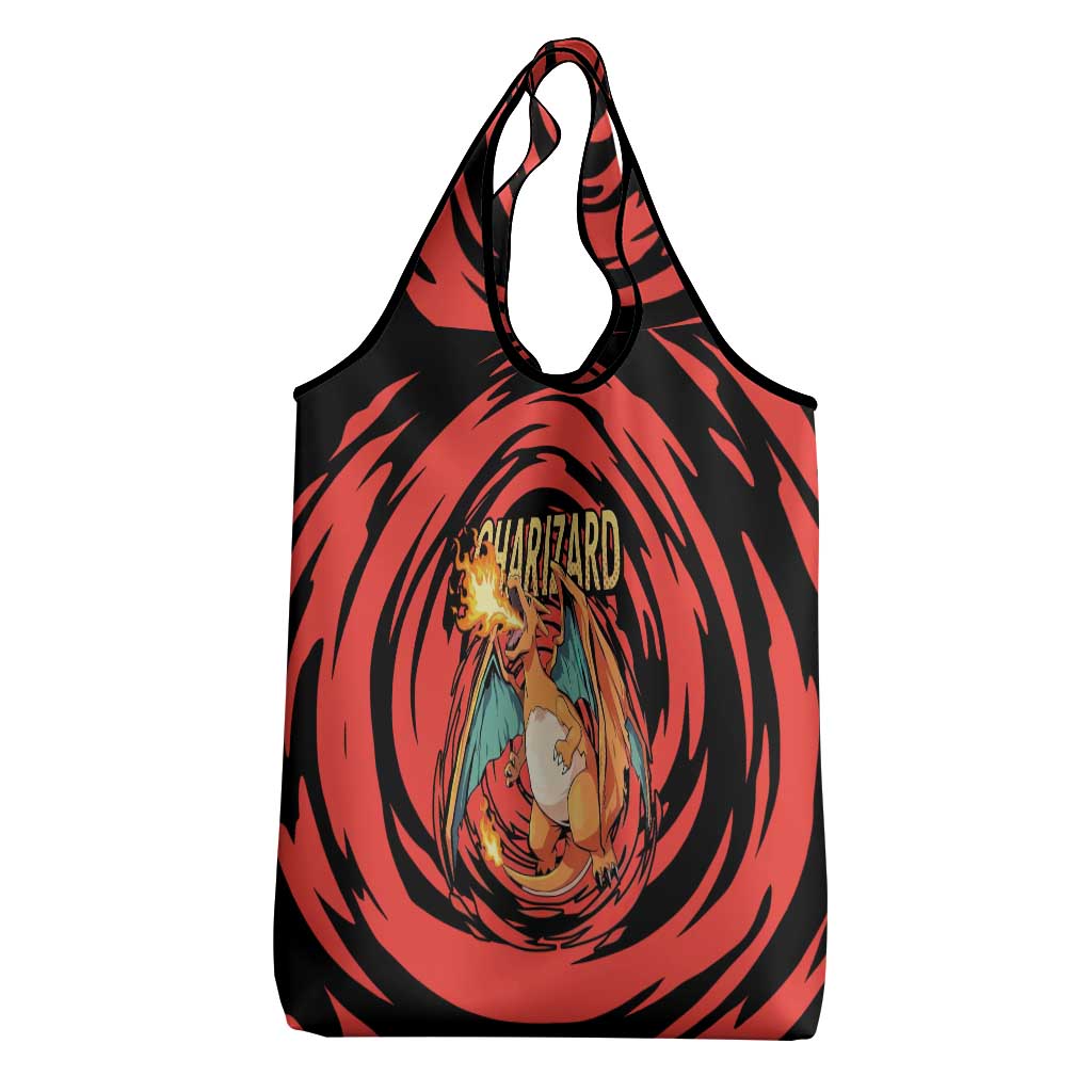 Charizard Pokémon Red and Black Swirl Design Grocery Bag with Flames, Pokéball Accents, and Dynamic Fire-Breathing Pose - The Mazicc