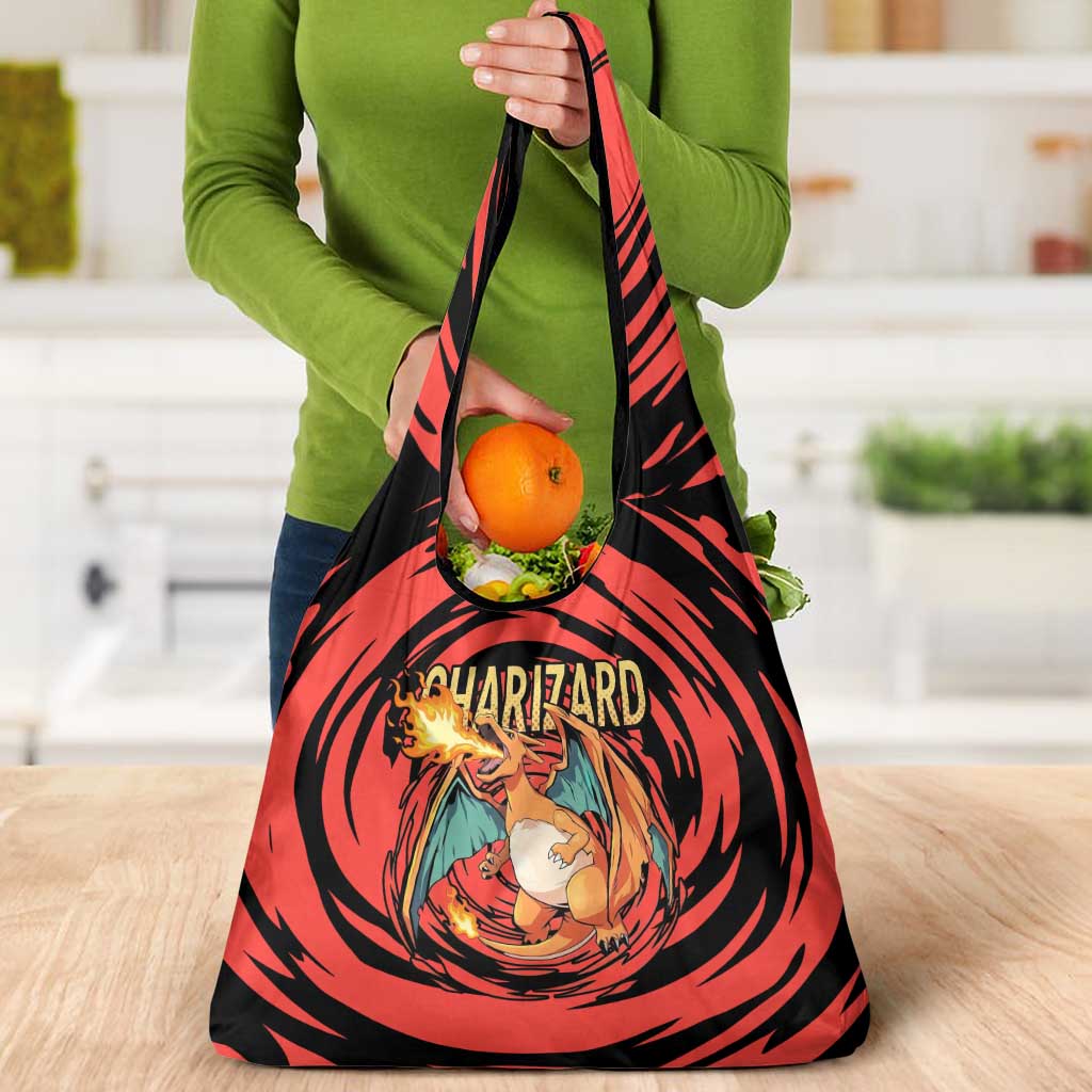 Charizard Pokémon Red and Black Swirl Design Grocery Bag with Flames, Pokéball Accents, and Dynamic Fire-Breathing Pose - The Mazicc