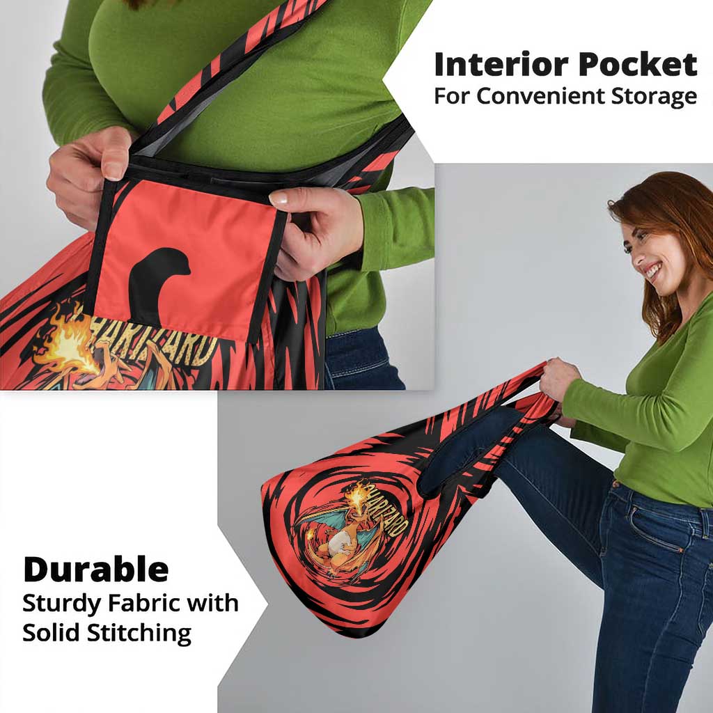 Charizard Pokémon Red and Black Swirl Design Grocery Bag with Flames, Pokéball Accents, and Dynamic Fire-Breathing Pose - The Mazicc