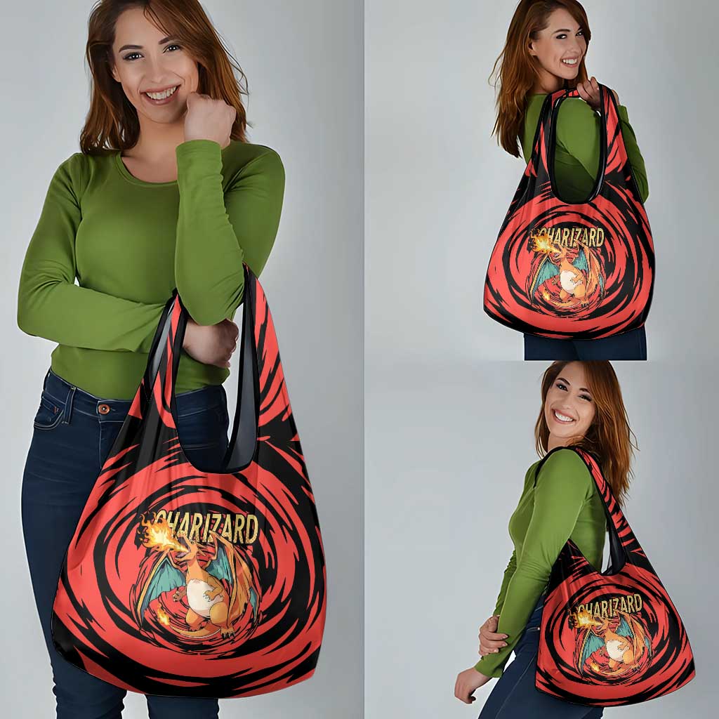 Charizard Pokémon Red and Black Swirl Design Grocery Bag with Flames, Pokéball Accents, and Dynamic Fire-Breathing Pose - The Mazicc