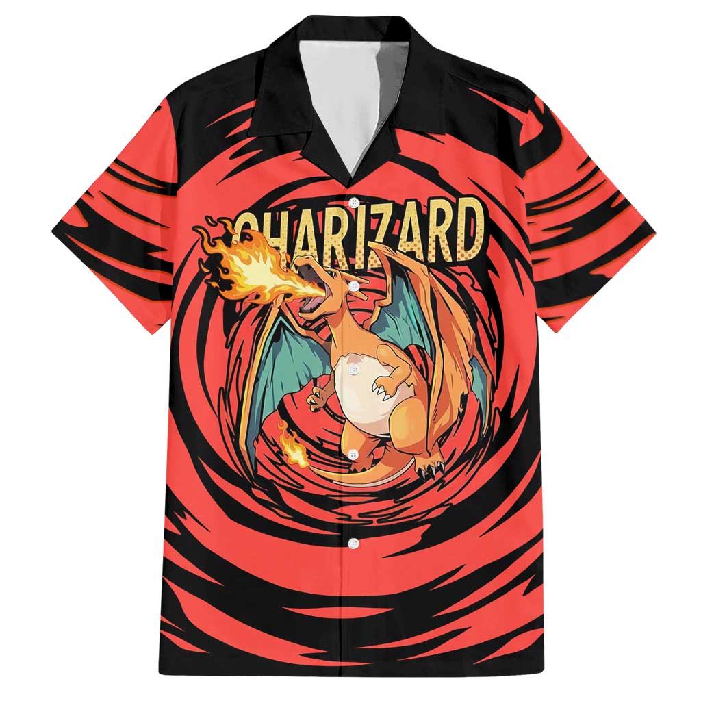 Charizard Pokémon Red and Black Swirl Design Hawaiian Shirt with Flames, Pokéball Accents, and Dynamic Fire-Breathing Pose - The Mazicc