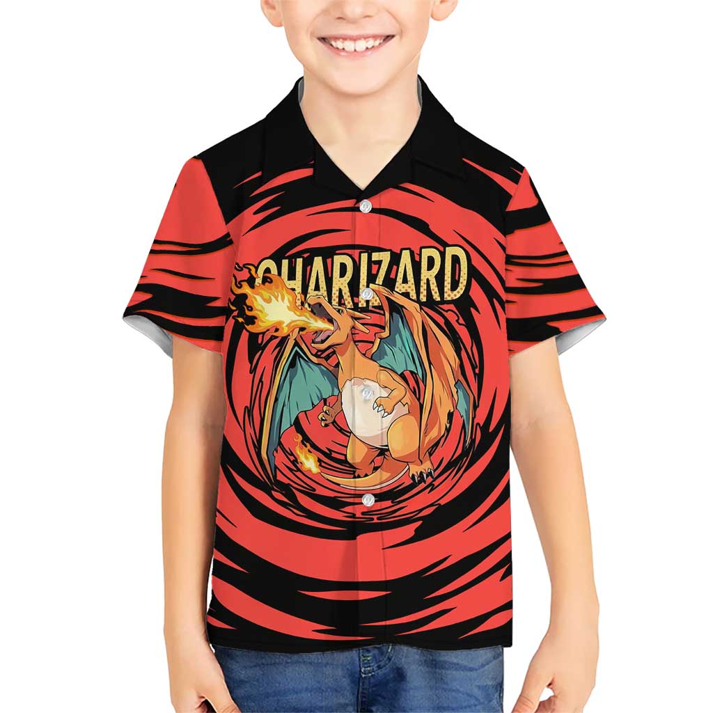 Charizard Pokémon Red and Black Swirl Design Hawaiian Shirt with Flames, Pokéball Accents, and Dynamic Fire-Breathing Pose - The Mazicc