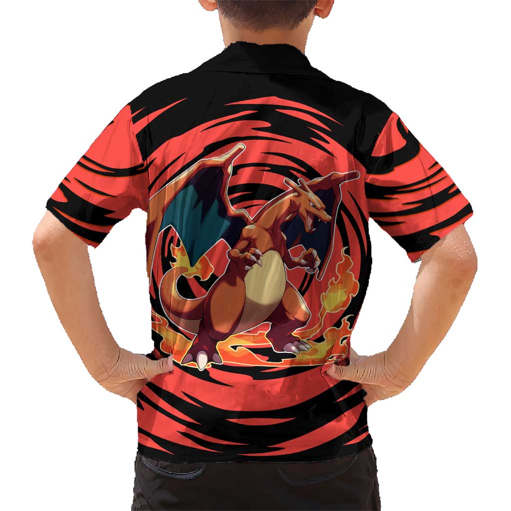 Charizard Pokémon Red and Black Swirl Design Hawaiian Shirt with Flames, Pokéball Accents, and Dynamic Fire-Breathing Pose - The Mazicc