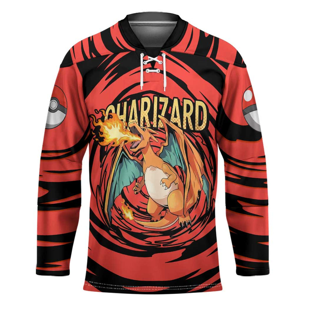 Charizard Pokémon Red and Black Swirl Design Hockey Jersey with Flames, Pokéball Accents, and Dynamic Fire-Breathing Pose - The Mazicc