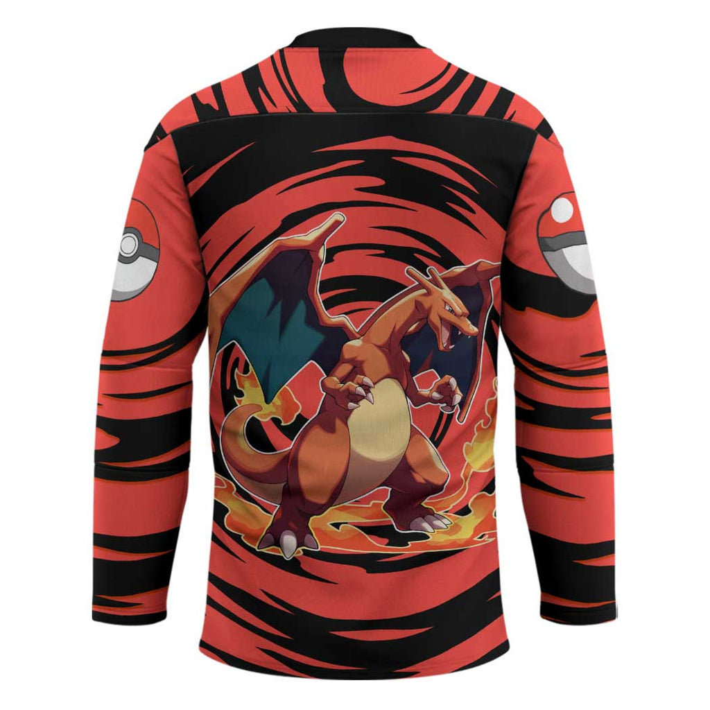Charizard Pokémon Red and Black Swirl Design Hockey Jersey with Flames, Pokéball Accents, and Dynamic Fire-Breathing Pose - The Mazicc
