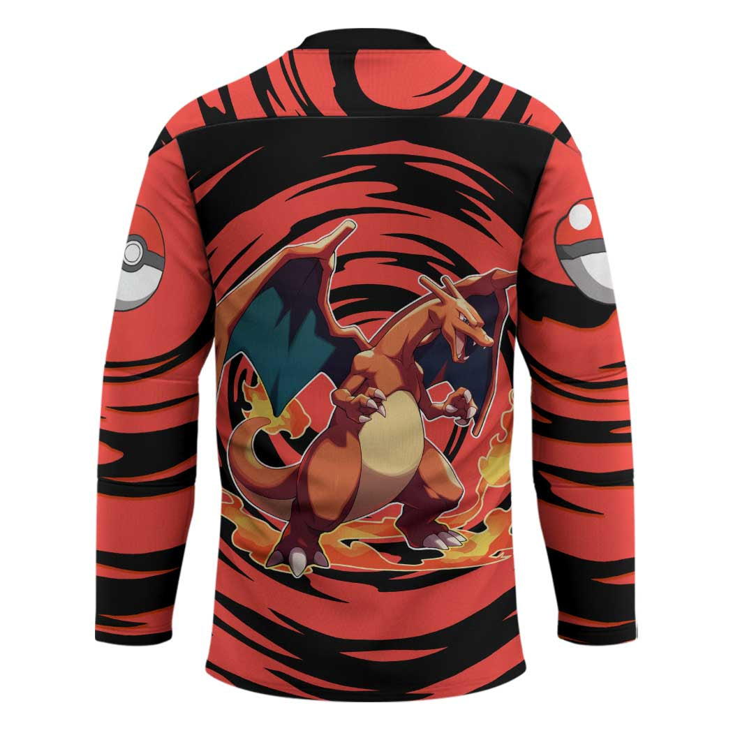 Charizard Pokémon Red and Black Swirl Design Hockey Jersey with Flames, Pokéball Accents, and Dynamic Fire-Breathing Pose - The Mazicc