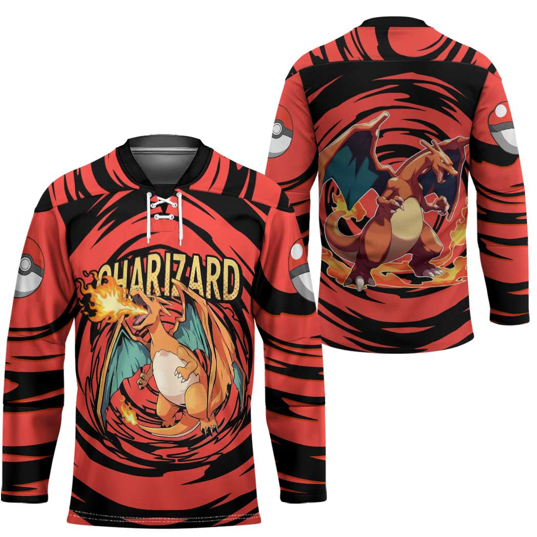 Charizard Pokémon Red and Black Swirl Design Hockey Jersey with Flames, Pokéball Accents, and Dynamic Fire-Breathing Pose - The Mazicc