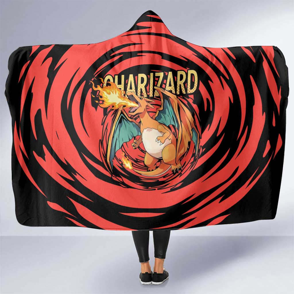 Charizard Pokémon Red and Black Swirl Design Hooded Blanket with Flames, Pokéball Accents, and Dynamic Fire-Breathing Pose - The Mazicc