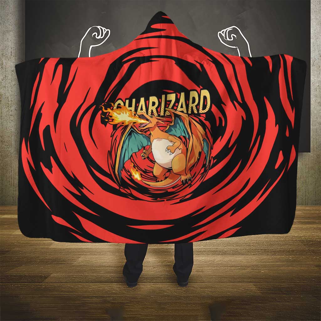 Charizard Pokémon Red and Black Swirl Design Hooded Blanket with Flames, Pokéball Accents, and Dynamic Fire-Breathing Pose - The Mazicc