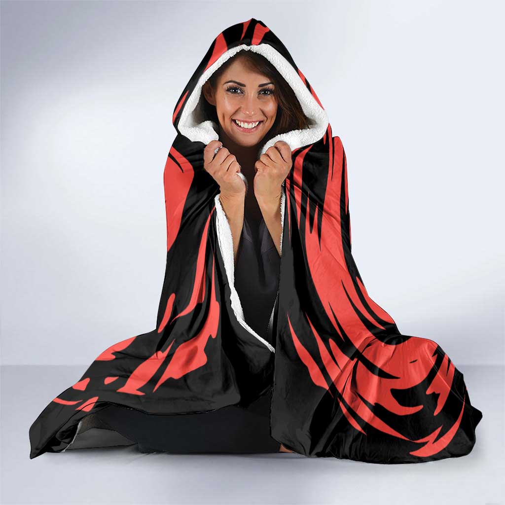 Charizard Pokémon Red and Black Swirl Design Hooded Blanket with Flames, Pokéball Accents, and Dynamic Fire-Breathing Pose - The Mazicc