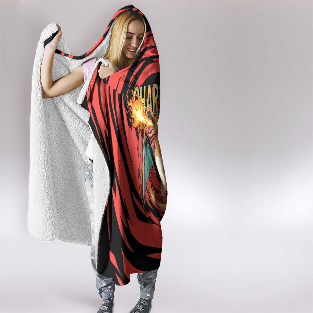 Charizard Pokémon Red and Black Swirl Design Hooded Blanket with Flames, Pokéball Accents, and Dynamic Fire-Breathing Pose - The Mazicc
