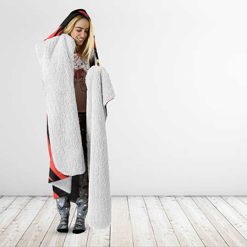 Charizard Pokémon Red and Black Swirl Design Hooded Blanket with Flames, Pokéball Accents, and Dynamic Fire-Breathing Pose - The Mazicc
