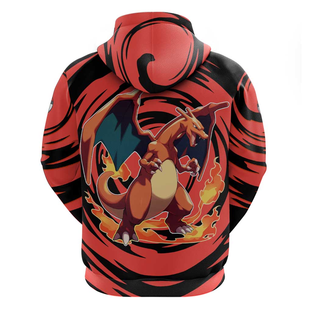 Charizard Pokémon Red and Black Swirl Design Hoodie with Flames, Pokéball Accents, and Dynamic Fire-Breathing Pose - The Mazicc