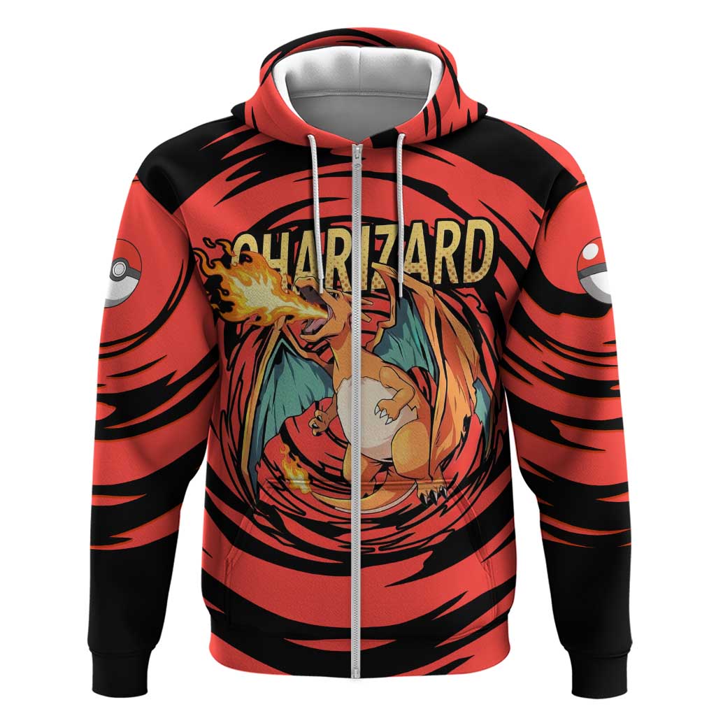 Charizard Pokémon Red and Black Swirl Design Hoodie with Flames, Pokéball Accents, and Dynamic Fire-Breathing Pose - The Mazicc
