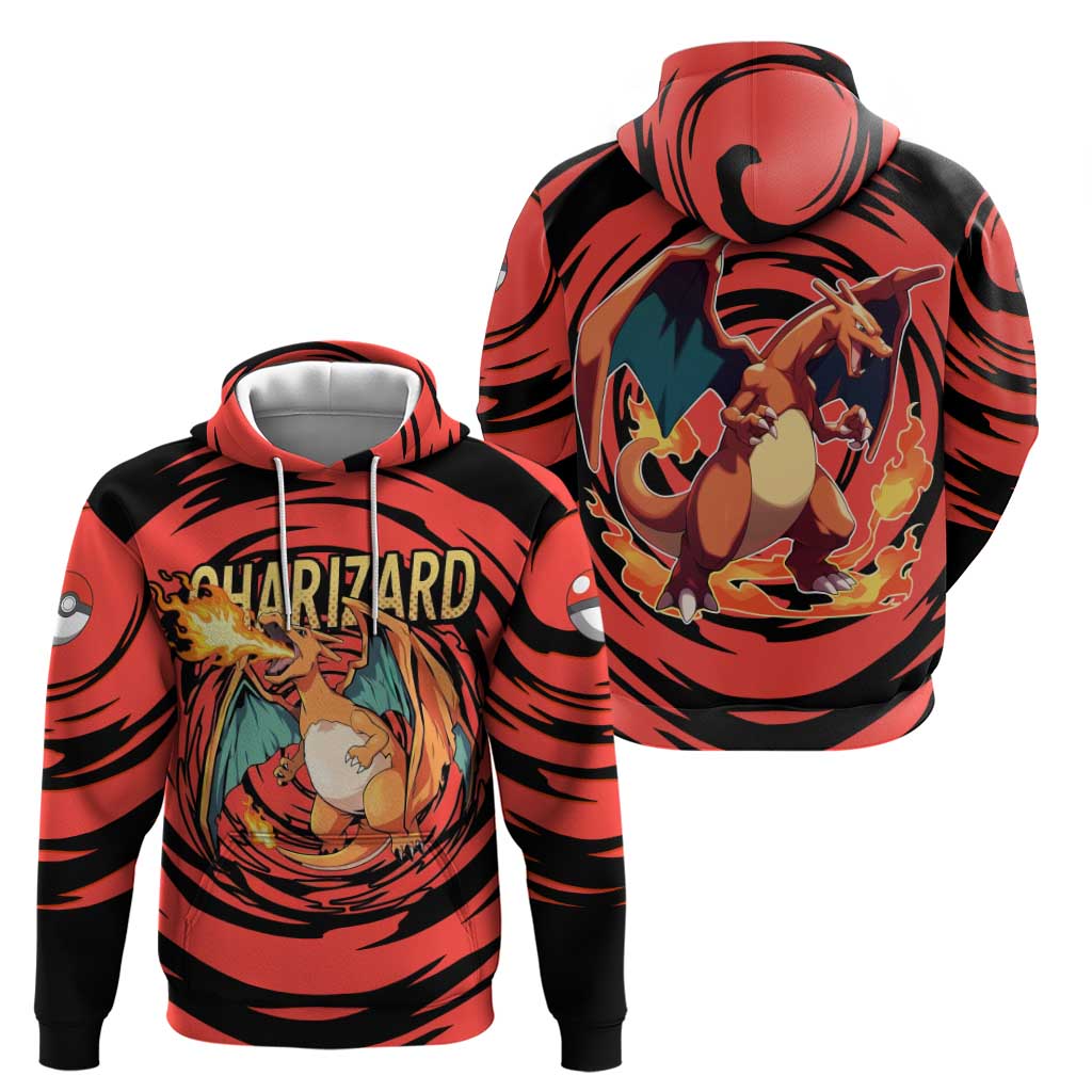 Charizard Pokémon Red and Black Swirl Design Hoodie with Flames, Pokéball Accents, and Dynamic Fire-Breathing Pose - The Mazicc