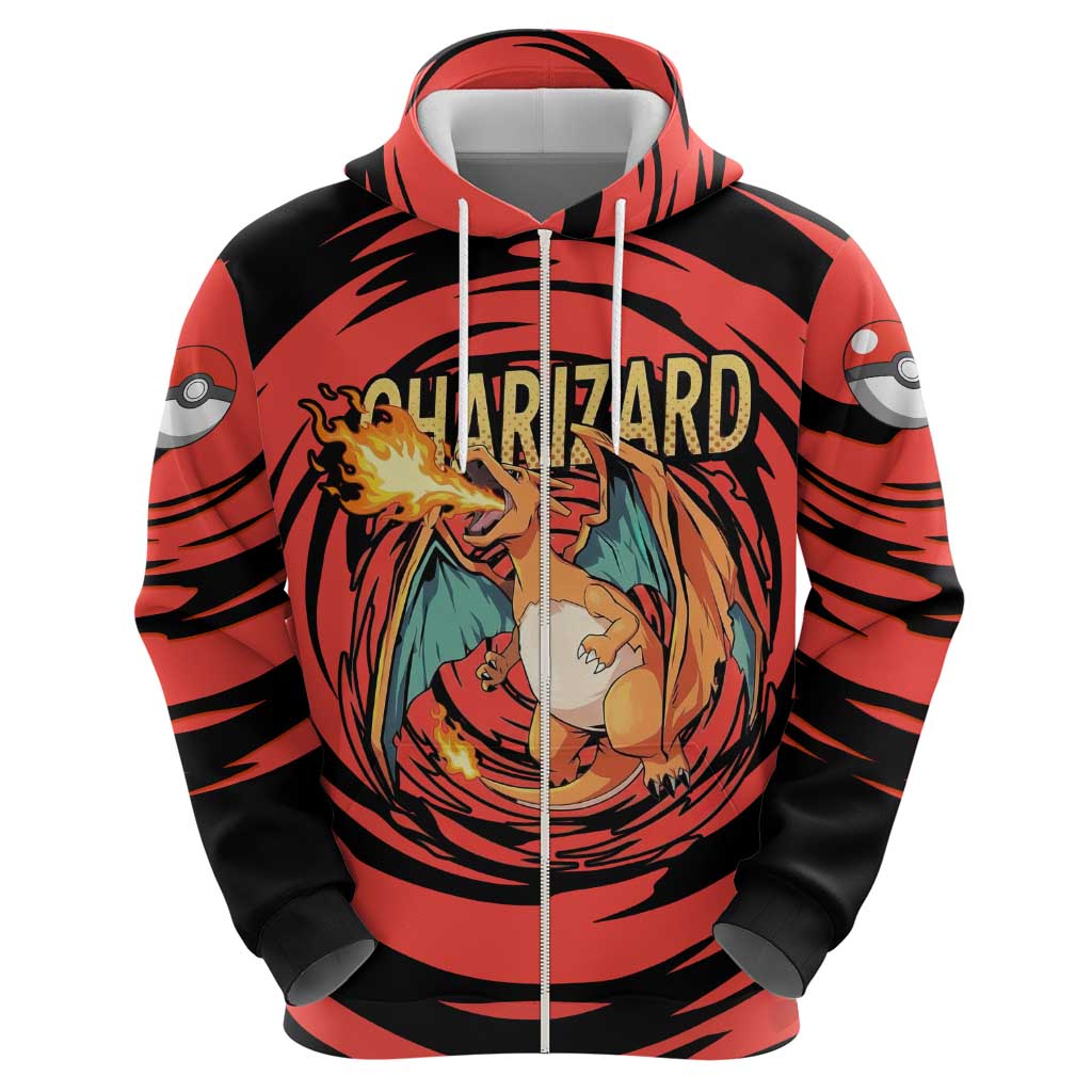 Charizard Pokémon Red and Black Swirl Design Hoodie with Flames, Pokéball Accents, and Dynamic Fire-Breathing Pose - The Mazicc