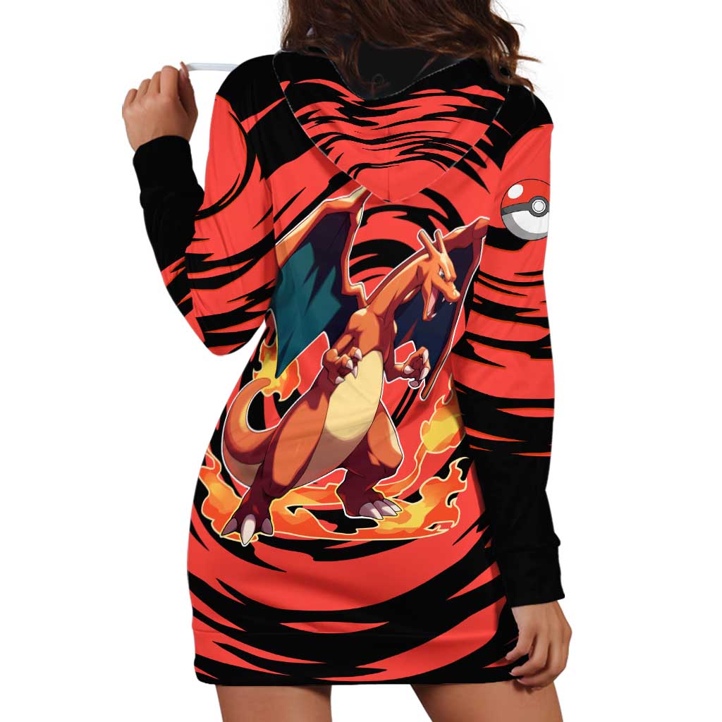 Charizard Pokémon Red and Black Swirl Design Hoodie Dress with Flames, Pokéball Accents, and Dynamic Fire-Breathing Pose - The Mazicc