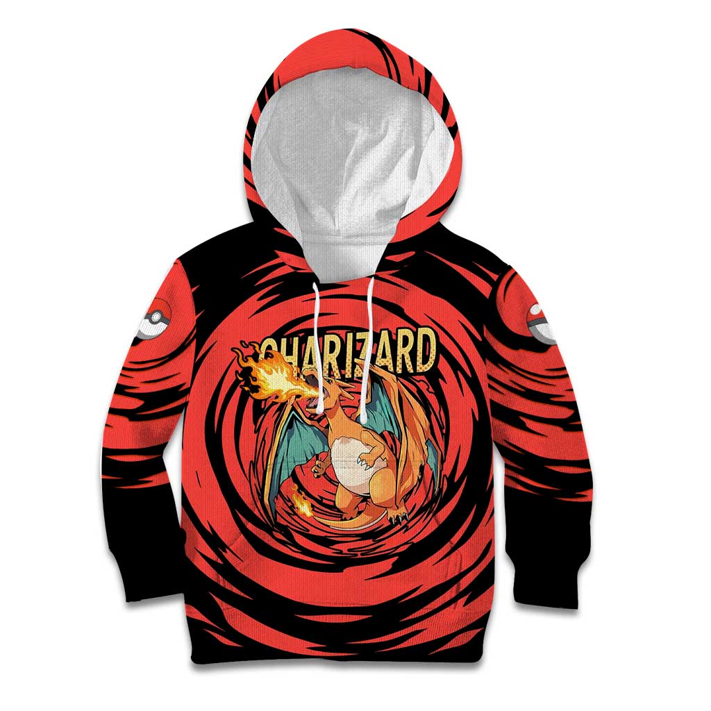 Charizard Pokémon Red and Black Swirl Design Kid Hoodie with Flames, Pokéball Accents, and Dynamic Fire-Breathing Pose - The Mazicc