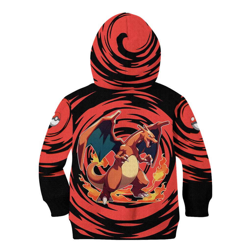 Charizard Pokémon Red and Black Swirl Design Kid Hoodie with Flames, Pokéball Accents, and Dynamic Fire-Breathing Pose - The Mazicc
