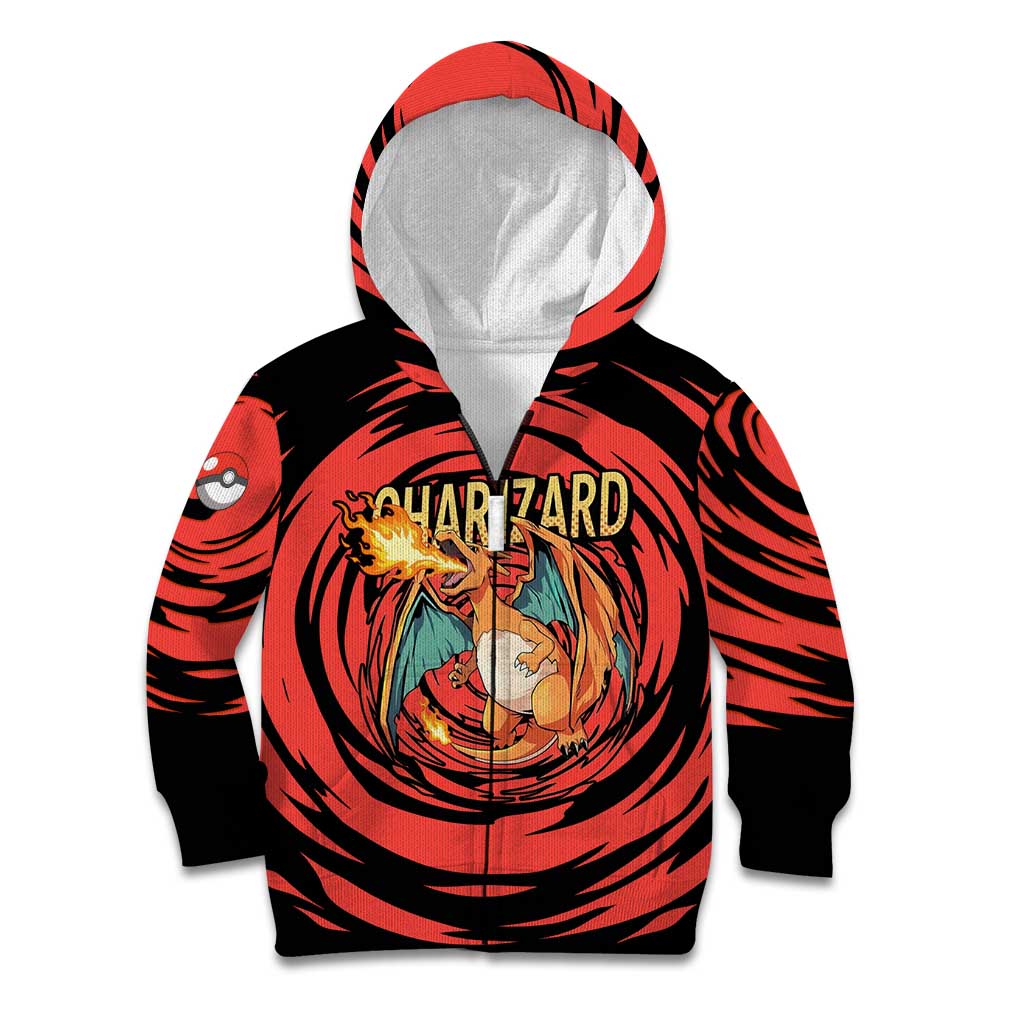 Charizard Pokémon Red and Black Swirl Design Kid Hoodie with Flames, Pokéball Accents, and Dynamic Fire-Breathing Pose - The Mazicc