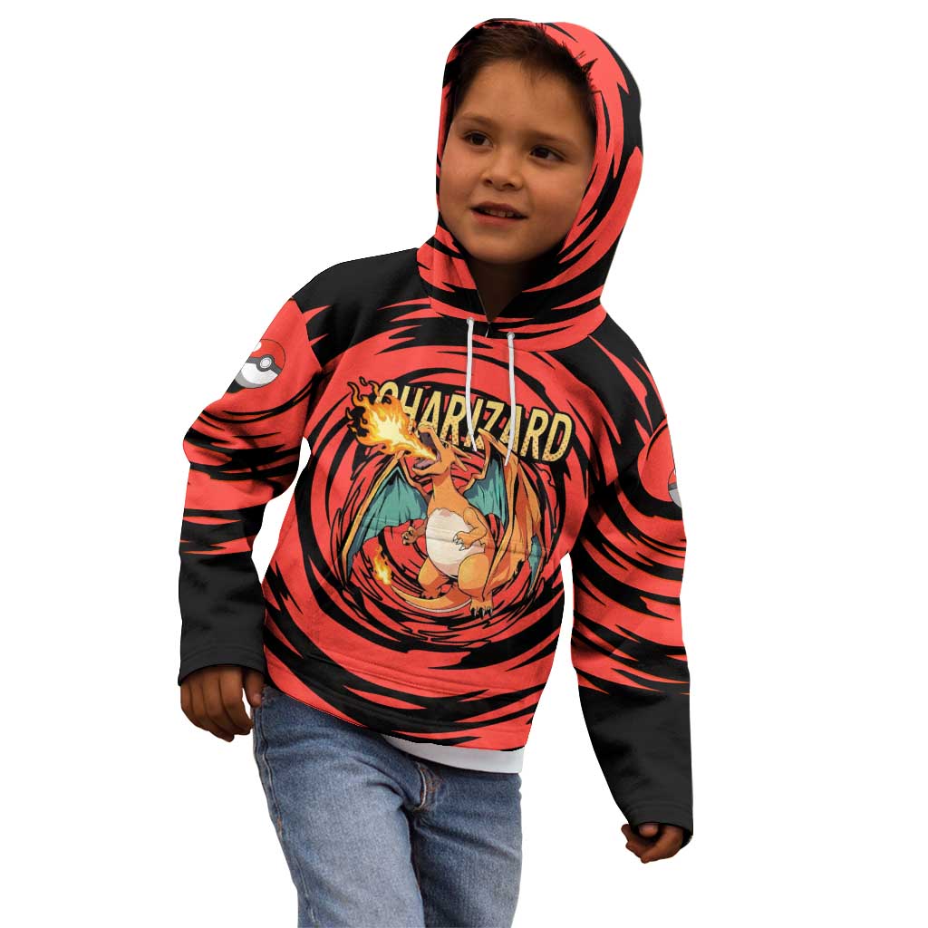 Charizard Pokémon Red and Black Swirl Design Kid Hoodie with Flames, Pokéball Accents, and Dynamic Fire-Breathing Pose - The Mazicc