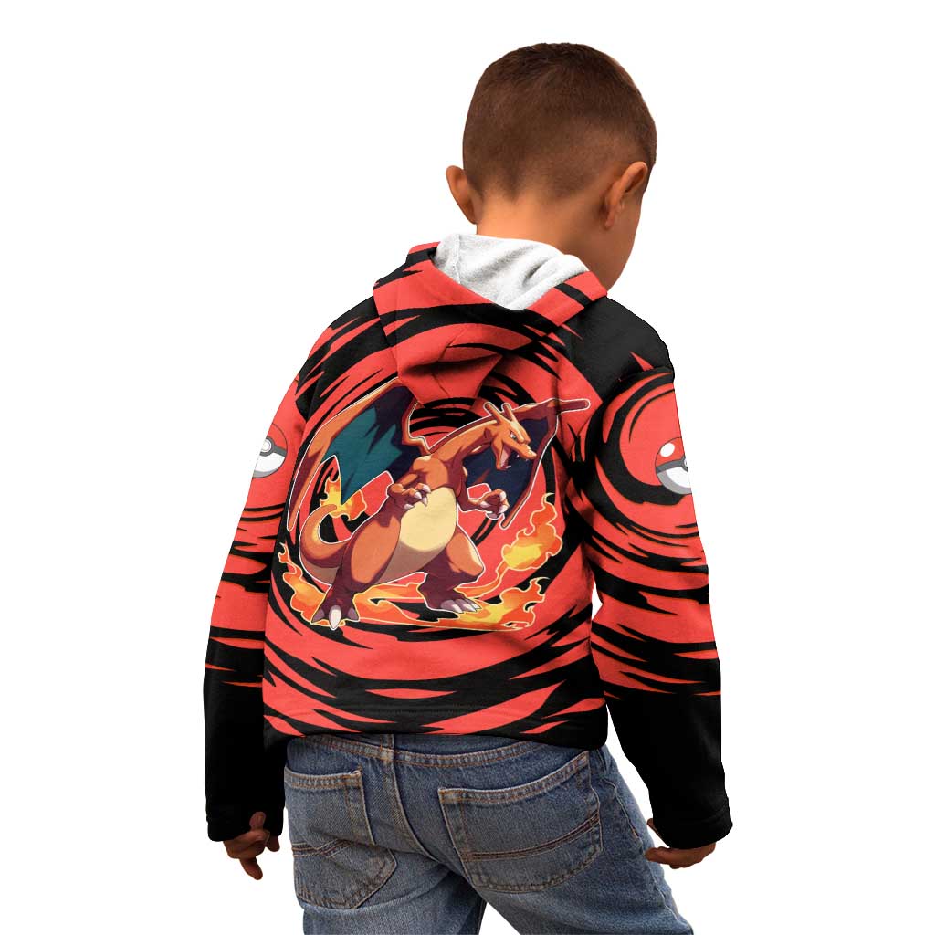 Charizard Pokémon Red and Black Swirl Design Kid Hoodie with Flames, Pokéball Accents, and Dynamic Fire-Breathing Pose - The Mazicc