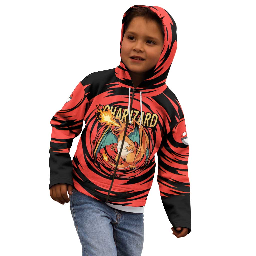 Charizard Pokémon Red and Black Swirl Design Kid Hoodie with Flames, Pokéball Accents, and Dynamic Fire-Breathing Pose - The Mazicc